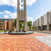 A panoramic image of Pollett Walk and the bell tower on Main Campus