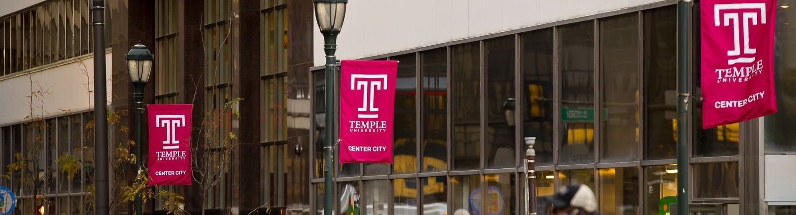 Temple University banners hanging in Center City Philadelphia.