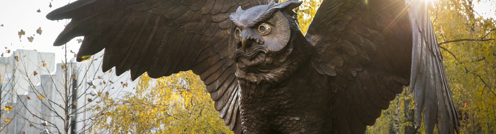 An owl sculpture in O'Connor Plaza at Temple University in the fall. 