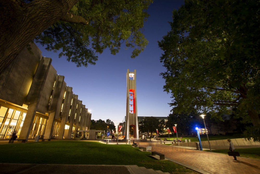 Temple University Bell Tower and Paley Library at night.
